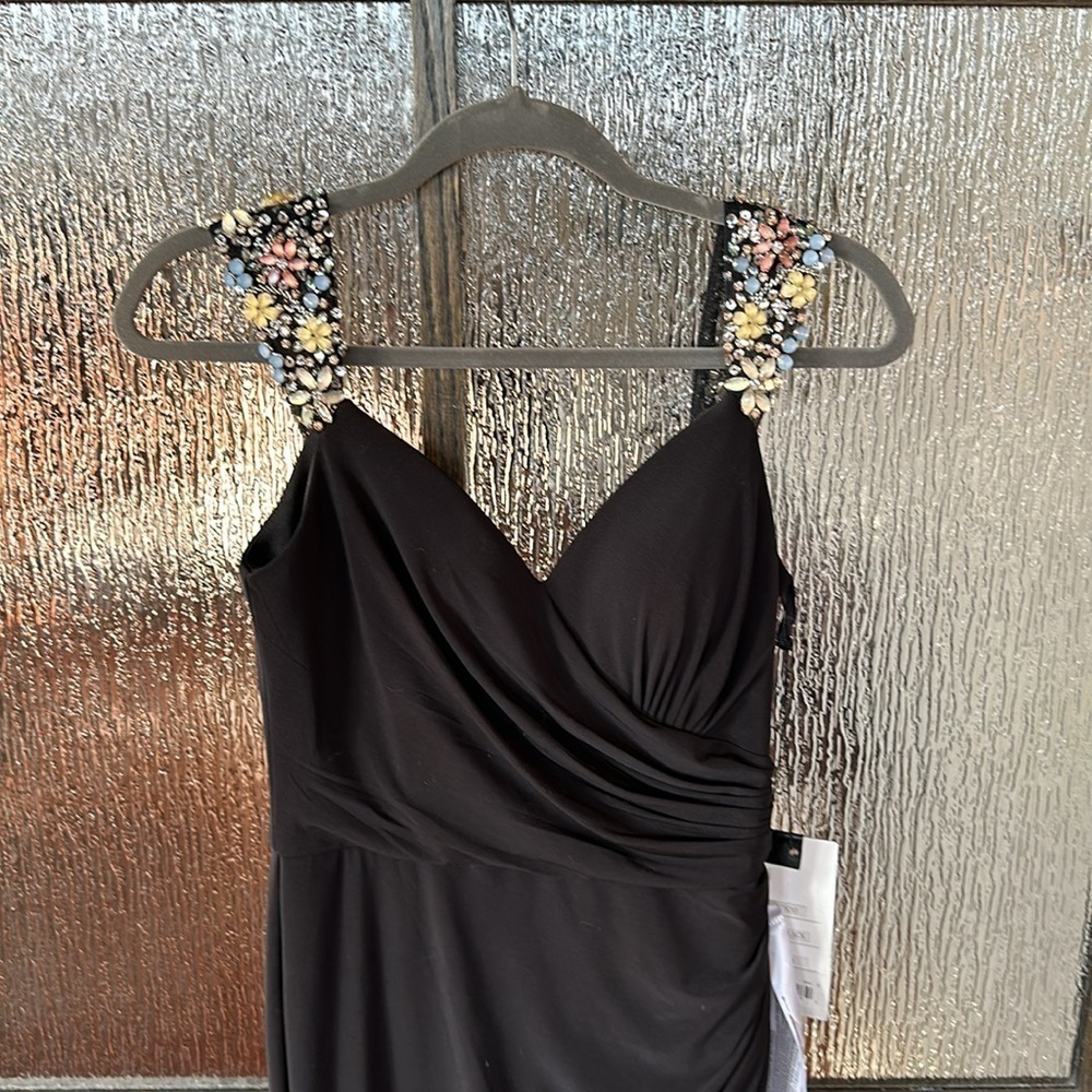 Mac Duggal Floral Strap High Slit Black Maxi Dress Size 0 Stretch 77830 Formal - Picture 5 of 12